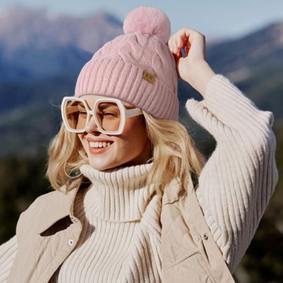 Womens Fleece Lined Knit Winter Hat with Pom Pom Warm Thick Beanie Tuque - Picture 4 of 6